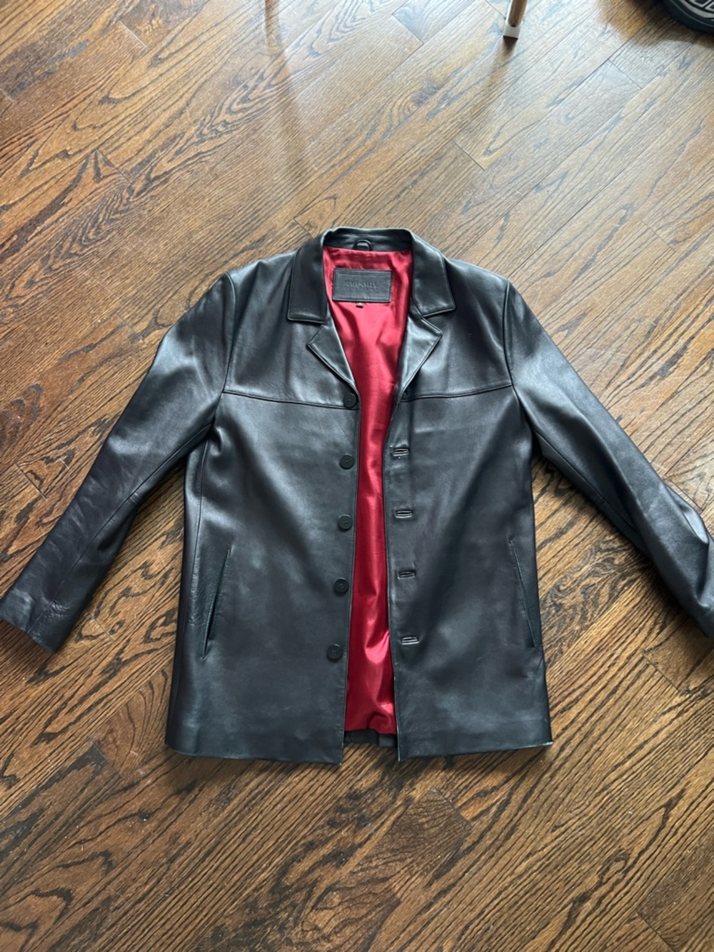 Report Collection Black Leather Jacket with Red Lining